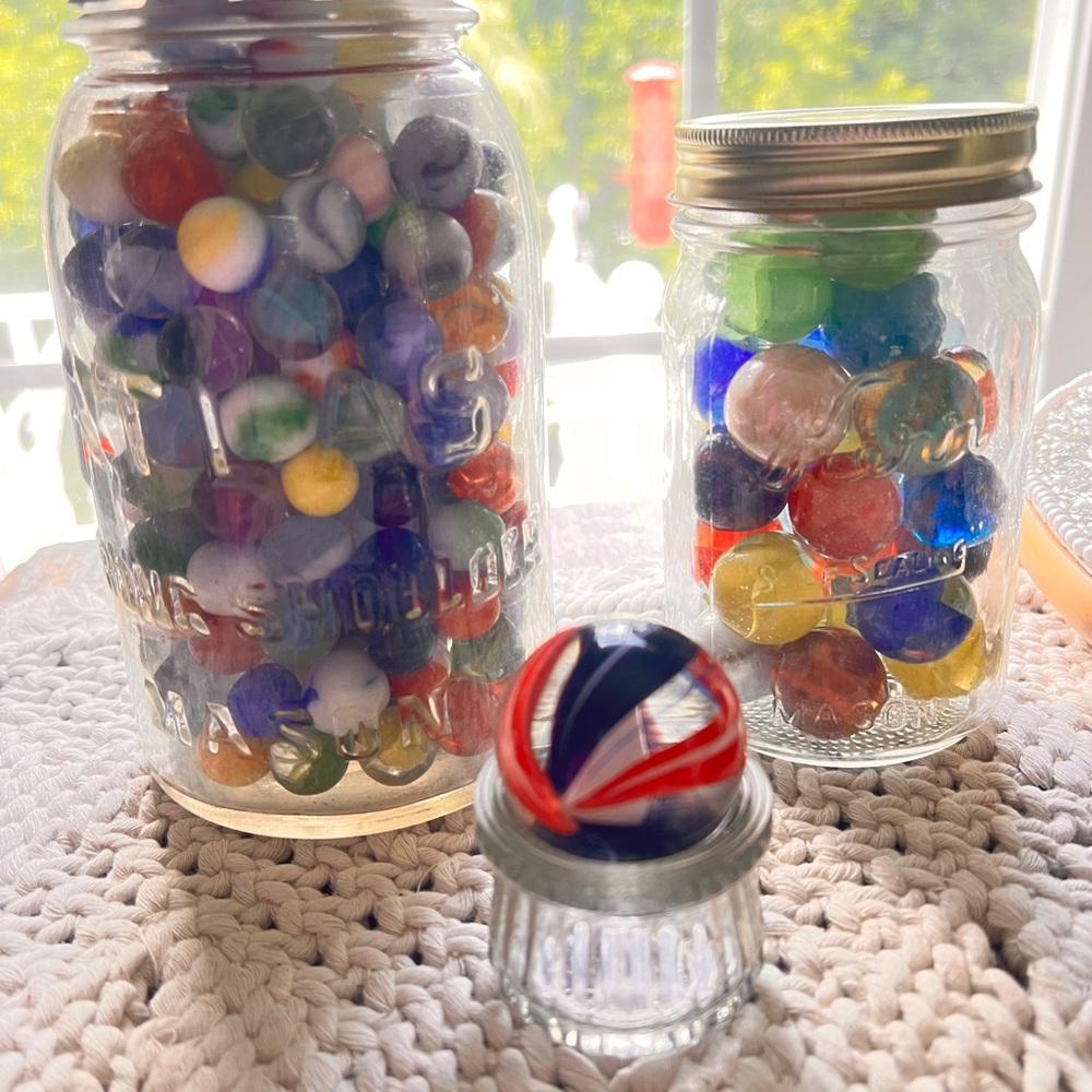 Vintage Colorful Glass Marbles in Jars